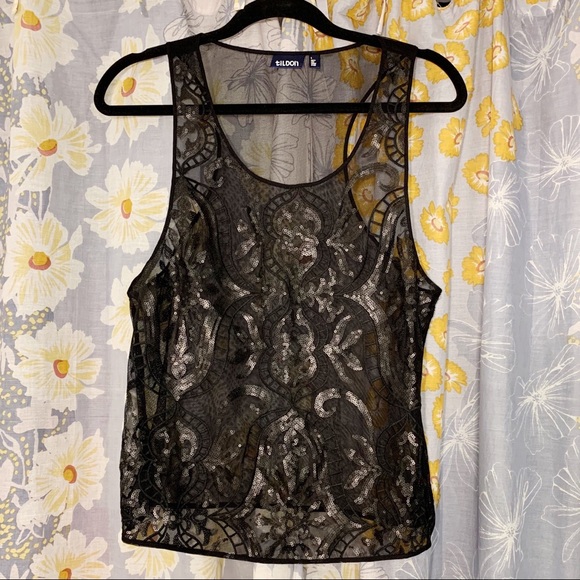 Tildon Tops - Tilden Sheer Embellished Sequin Tank Top in Black